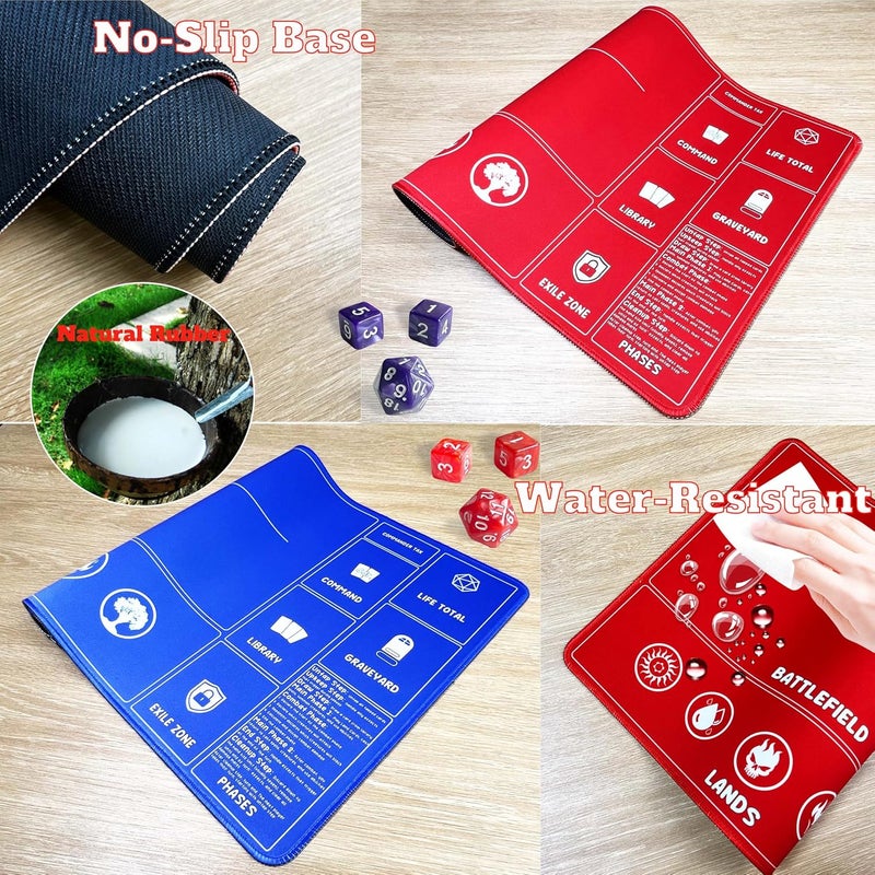 HaoSiTeck Card Game MTG Playmat for Beginner 2 Pack with Dices, Magic Mat Commander Deck Playmat for TCG MTG Accessories Play Mat 24x14 Inches Duel Card Battles, Red/Blue - Image 4